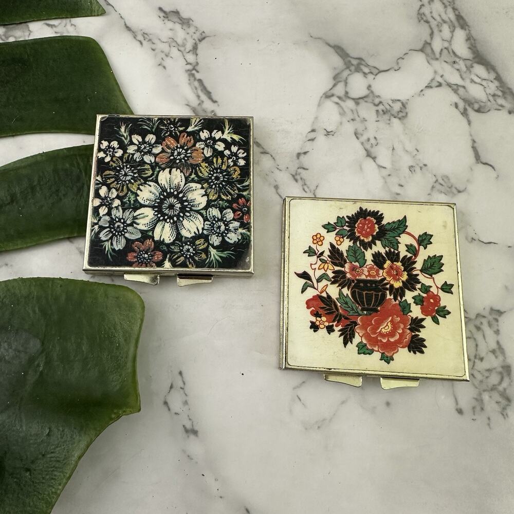 Vintage Mini Pocket Purse Makeup Mirror Lot of 2 Square Metal Floral Folding